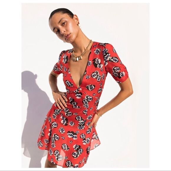 Realisation Par The Ozzie Pansy Mini Dress V-Neck Floral Red Mini - Picture 1 of 11